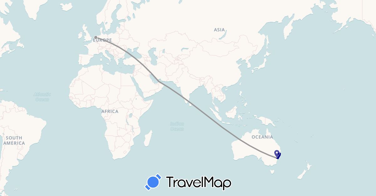 TravelMap itinerary: driving, plane in United Arab Emirates, Australia, Netherlands (Asia, Europe, Oceania)